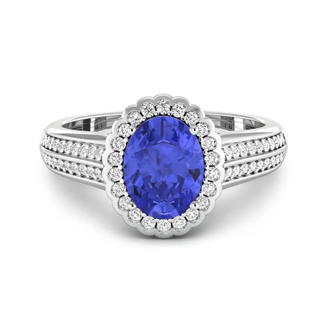 1.56 Ct Oval Violet Tanzanite and White Diamond Prong 14k Gold Halo Pave Bridge Engagement ring