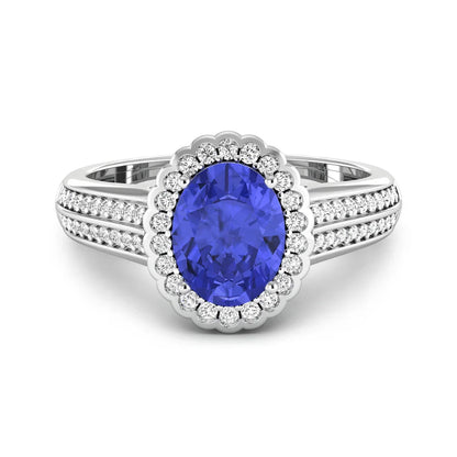 1.56 Ct Oval Violet Tanzanite and White Diamond Prong 14k Gold Halo Pave Bridge Engagement ring