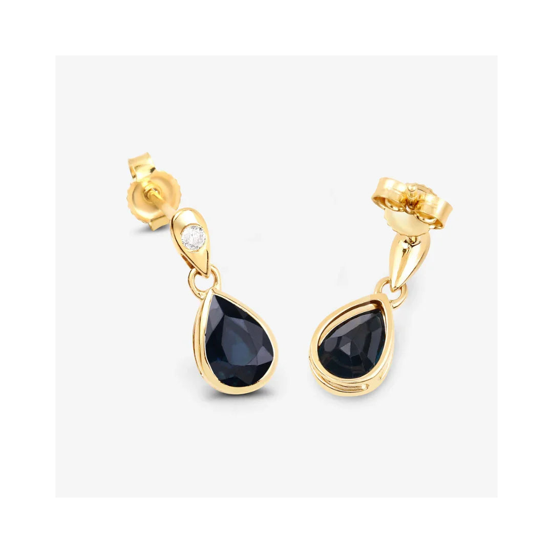 1.60 Ct Pear Blue Sapphire & Diamond Bezel 10K Gold Dangle Earrings