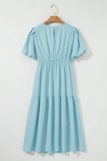 Threaded Pear Lara Puff Sleeve Pleated High Waist Midi Dress