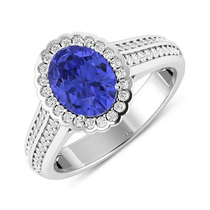 1.56 Ct Oval Violet Tanzanite and White Diamond Prong 14k Gold Halo Pave Bridge Engagement ring
