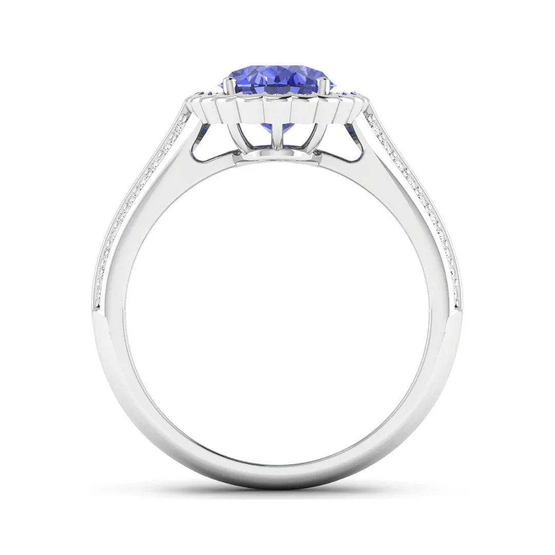 1.56 Ct Oval Violet Tanzanite and White Diamond Prong 14k Gold Halo Pave Bridge Engagement ring