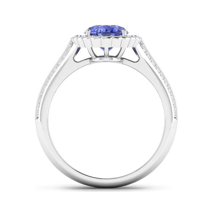 1.56 Ct Oval Violet Tanzanite and White Diamond Prong 14k Gold Halo Pave Bridge Engagement ring