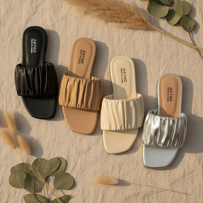 Minimalist Pleated Flat Slide Sandals – Square Toe Faux Leather