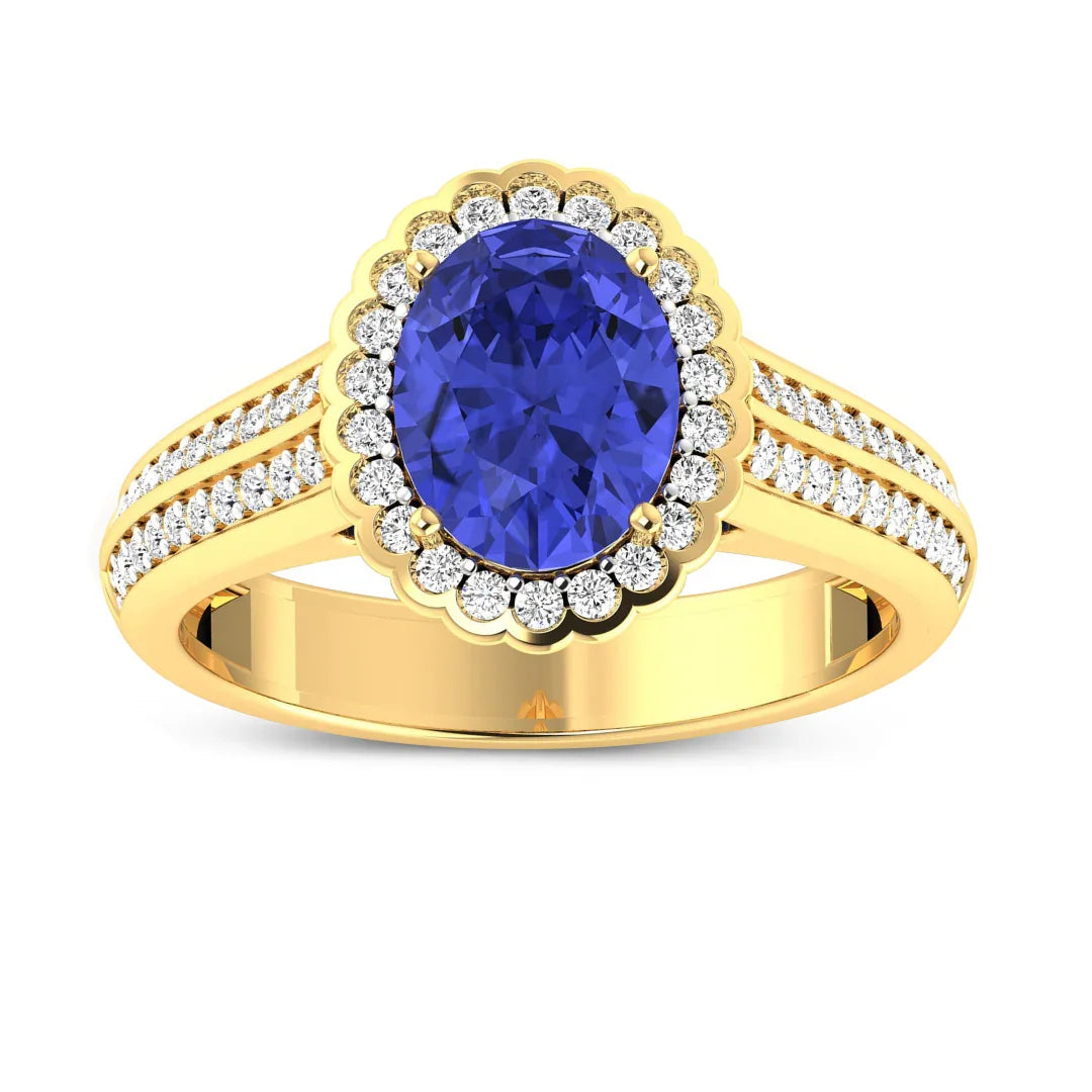 1.56 Ct Oval Violet Tanzanite and White Diamond Prong 14k Gold Halo Pave Bridge Engagement ring