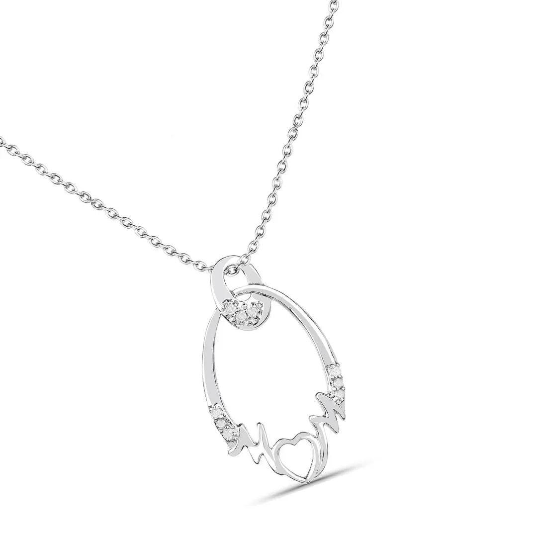 Round White Diamond Prong Silver Heart Pendant Necklace