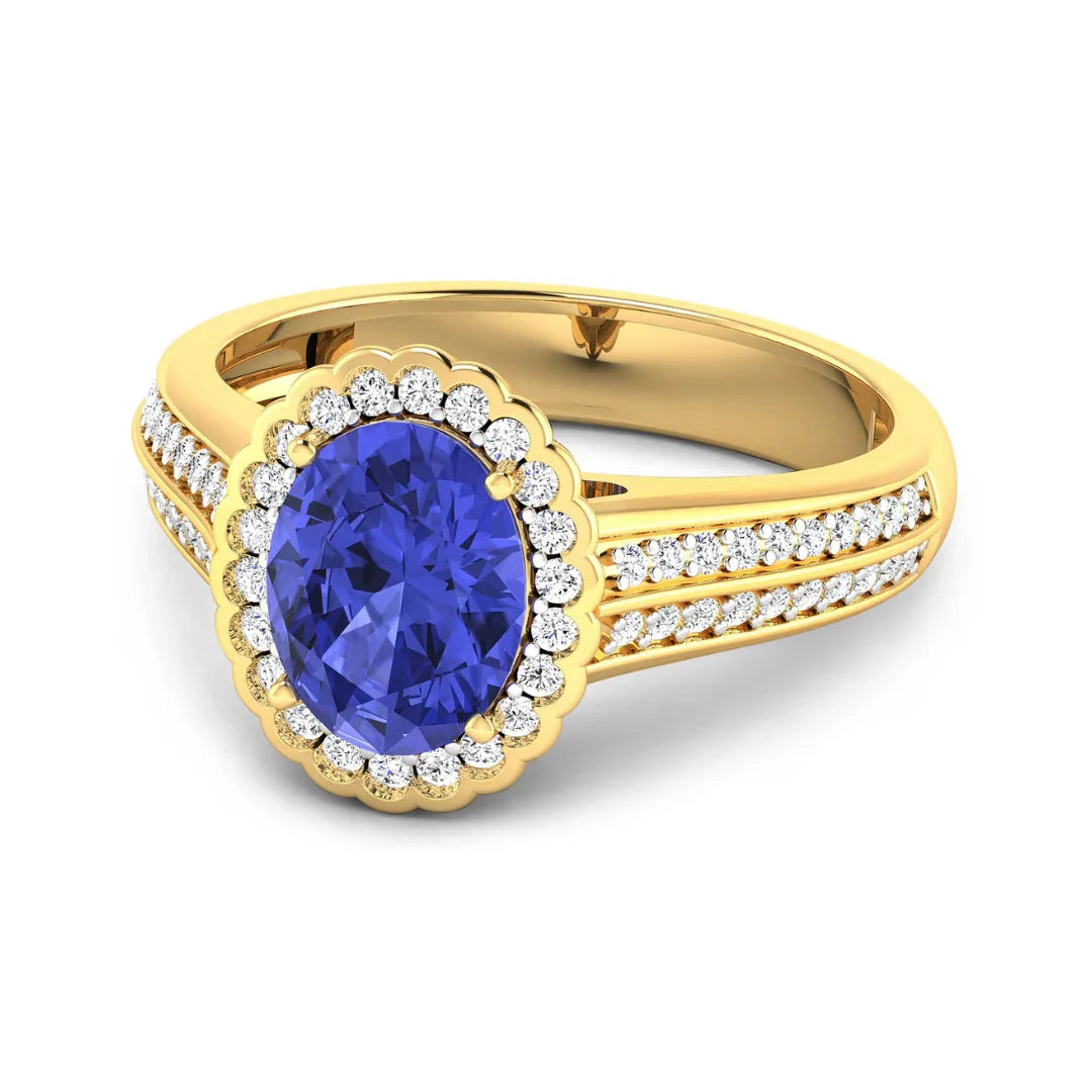 1.56 Ct Oval Violet Tanzanite and White Diamond Prong 14k Gold Halo Pave Bridge Engagement ring