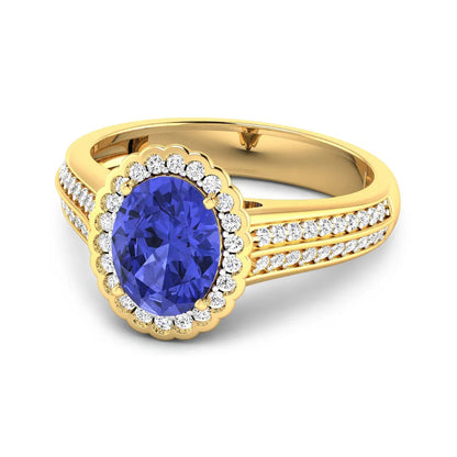 1.56 Ct Oval Violet Tanzanite and White Diamond Prong 14k Gold Halo Pave Bridge Engagement ring