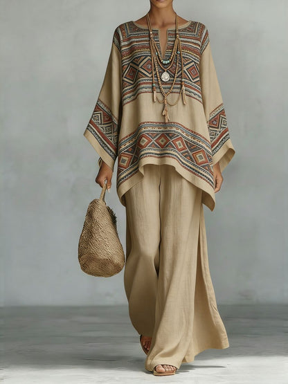 Floral Print Bamboo Linen Two-Piece Set with Wide-Leg Pants