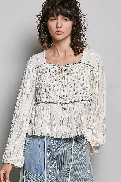 POL Square Neck Lace Long Balloon Sleeve Top