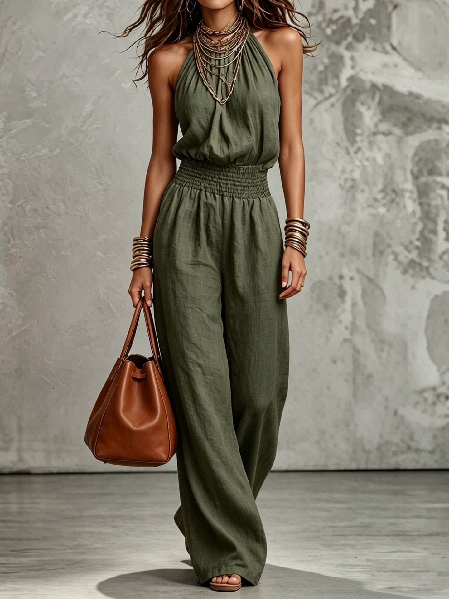 Women's Sleeveless Backless Lace-Up Halter Wide-Leg Jumpsuit