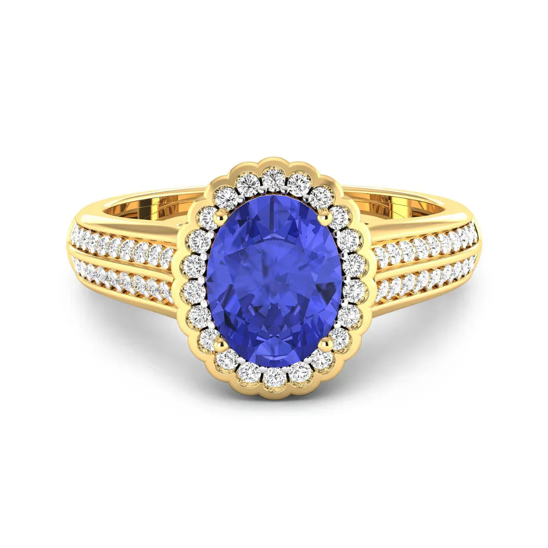 1.56 Ct Oval Violet Tanzanite and White Diamond Prong 14k Gold Halo Pave Bridge Engagement ring