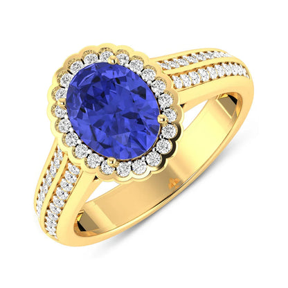 1.56 Ct Oval Violet Tanzanite and White Diamond Prong 14k Gold Halo Pave Bridge Engagement ring