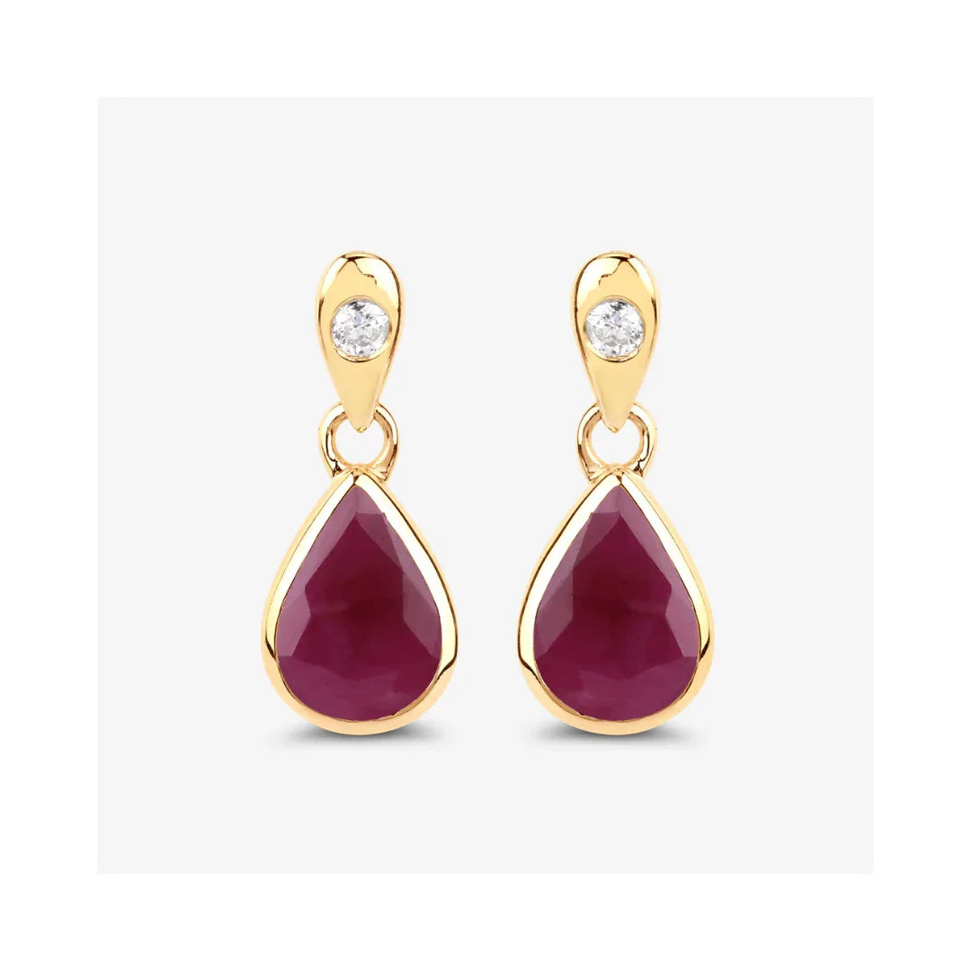1.60 Ct Pear Pink Ruby & Diamond Bezel 10K Gold Dangle Earrings