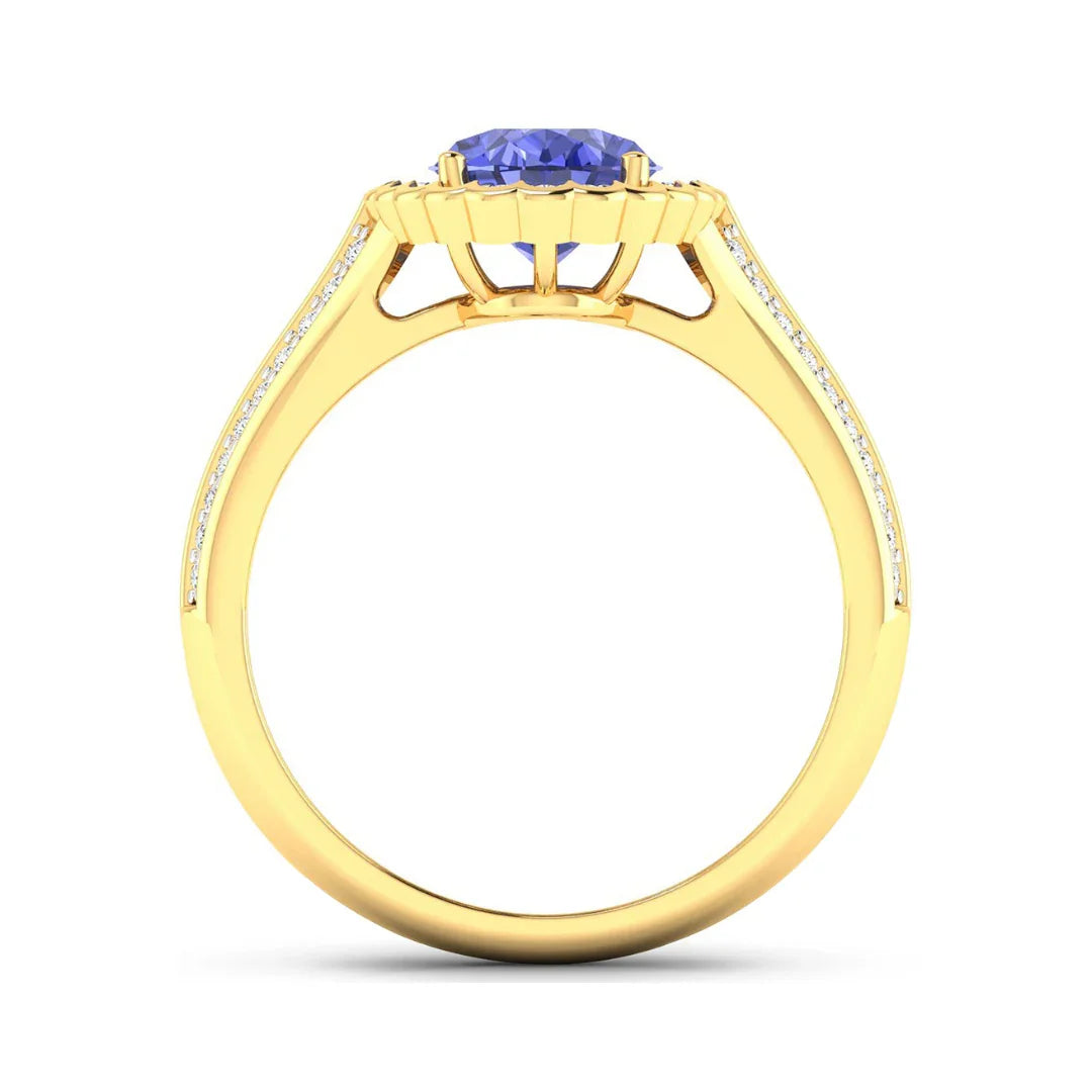 1.56 Ct Oval Violet Tanzanite and White Diamond Prong 14k Gold Halo Pave Bridge Engagement ring