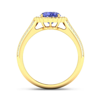 1.56 Ct Oval Violet Tanzanite and White Diamond Prong 14k Gold Halo Pave Bridge Engagement ring
