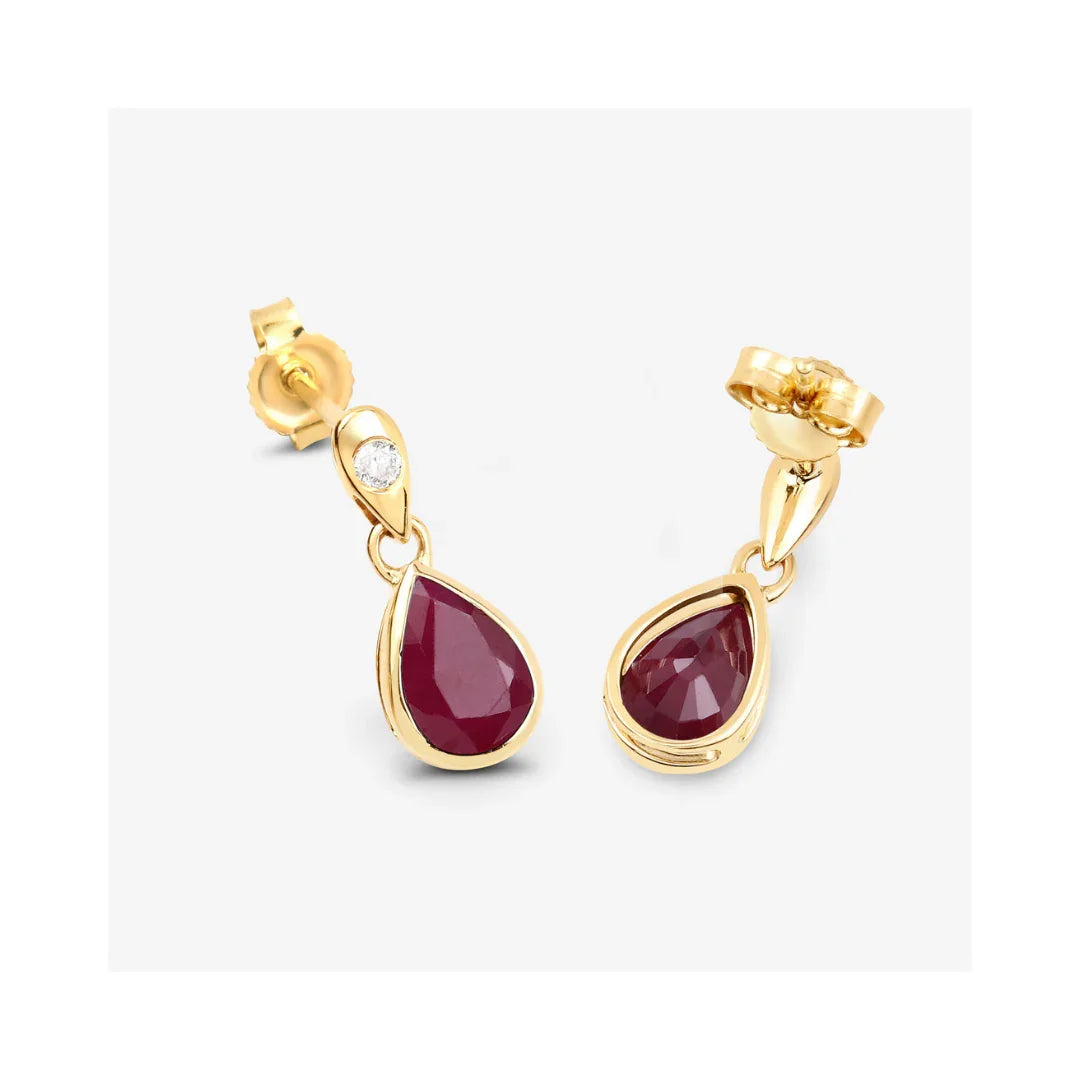 1.60 Ct Pear Pink Ruby & Diamond Bezel 10K Gold Dangle Earrings
