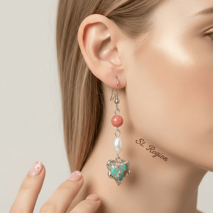 Pink Jade & Turqouise Pearl Silvertone Heart Hook Earrings