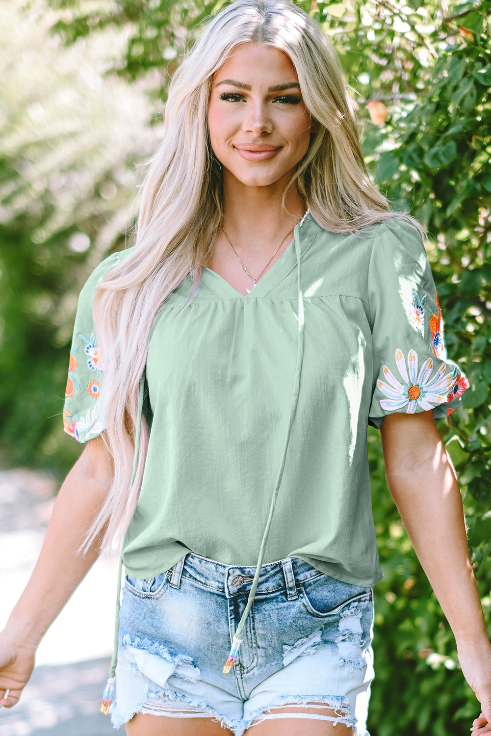 Threaded Pear Reya Floral Embroidered Puff Sleeve Split Neck Blouse