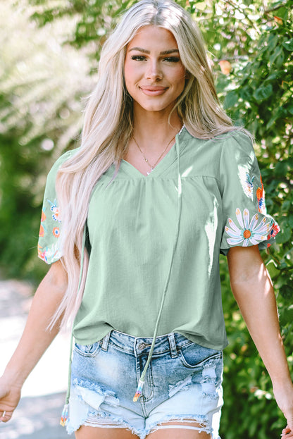 Threaded Pear Reya Floral Embroidered Puff Sleeve Split Neck Blouse
