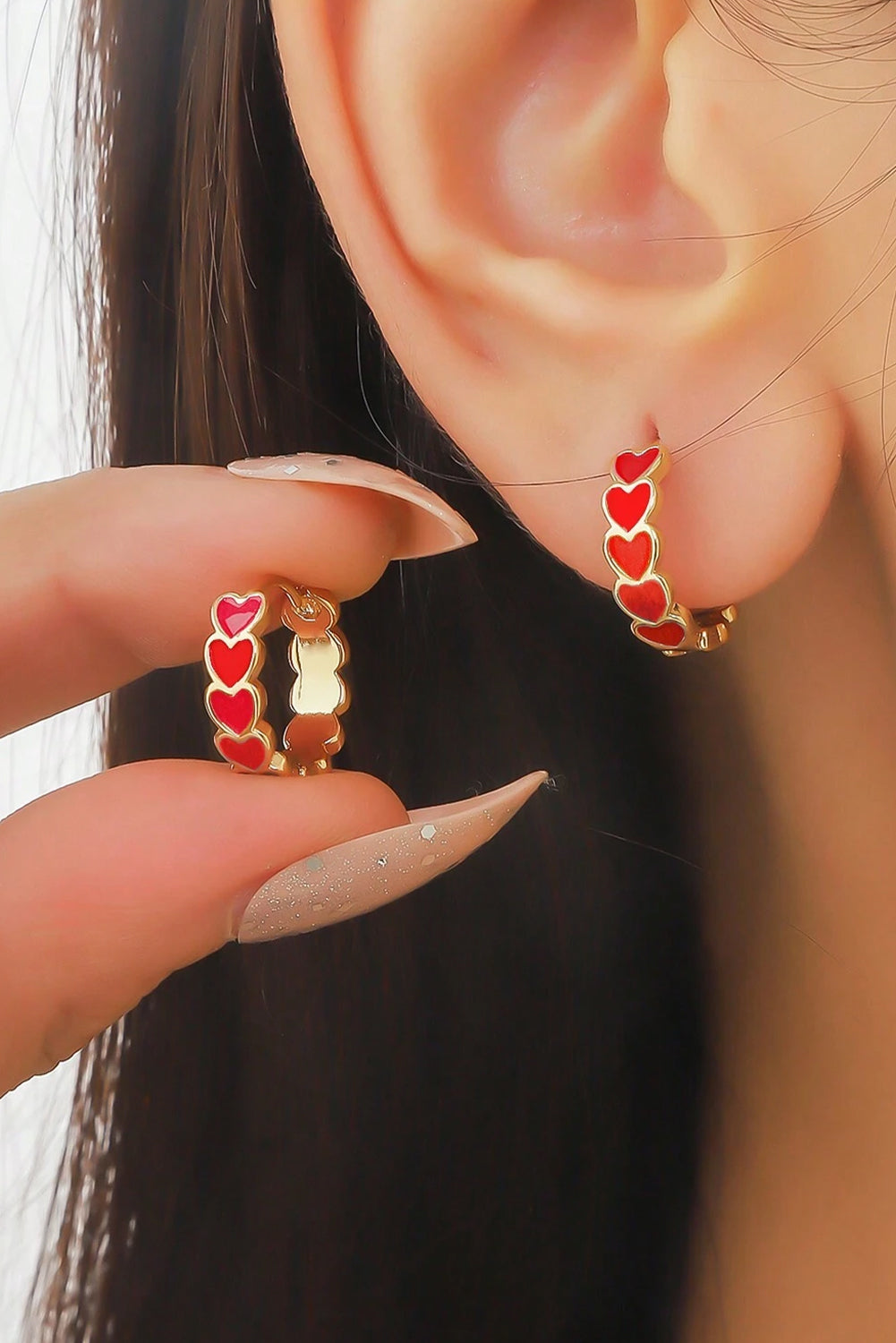 Red Heart Shape Small Hook Earrings - Red