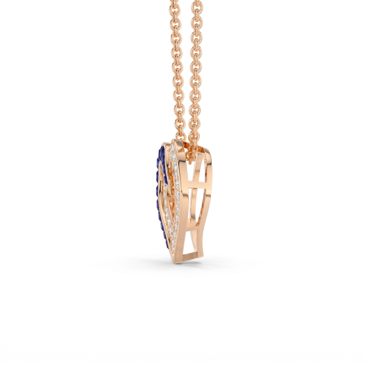 0.64 Cttw Round Blue Sapphire and Lab Grown Diamond 14K Gold Pave Open Heart Pendant Necklace