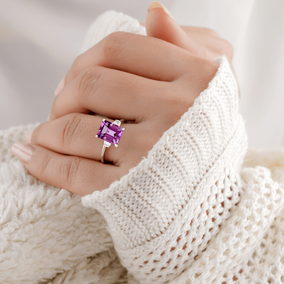 5.55 Ct Octagon Purple Amethyst and White Zircon Prong Silver Statement Ring