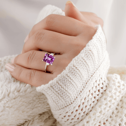 5.55 Ct Octagon Purple Amethyst and White Zircon Prong Silver Statement Ring