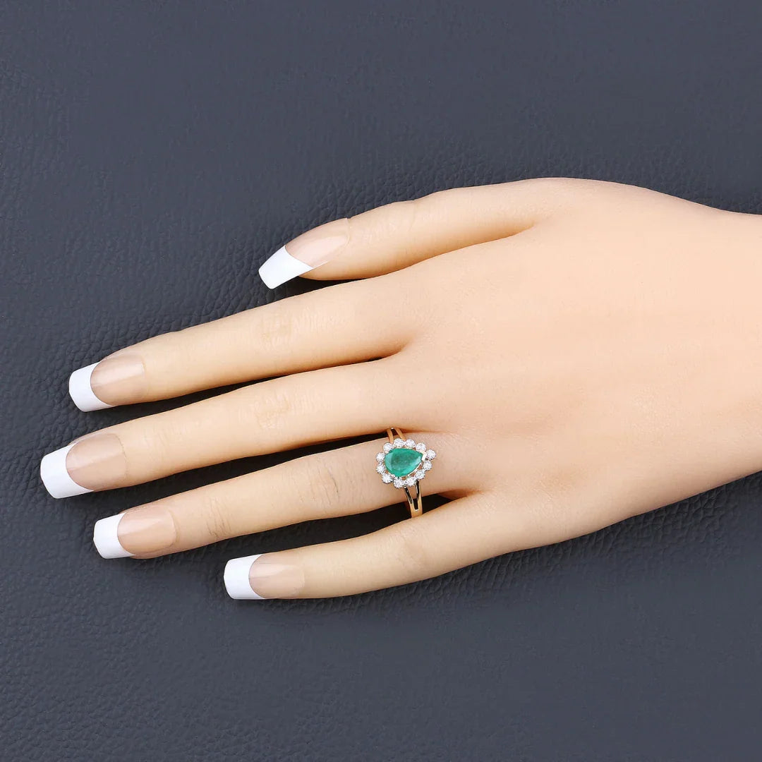 1.10 Ct Pear Green Zambian Emerald Diamond V-Prong 10k Gold Halo Statement Ring