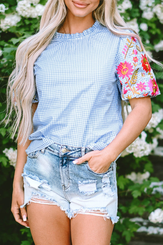 Threaded Pear Pearl Gingham Floral Embroidered Puff Sleeve Blouse