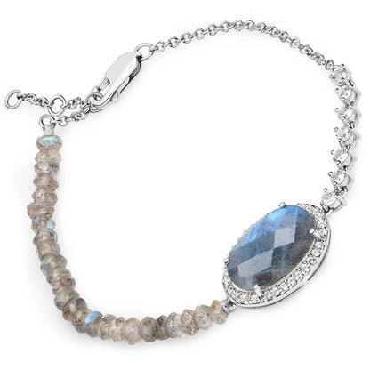 Oval Labradorite Prong Silver Asymmetrical Faceted Bead Tennis Chain Bracelet