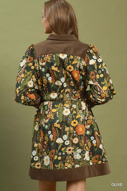 Umgee Floral Print Belted Puff Sleeve Mini Dress