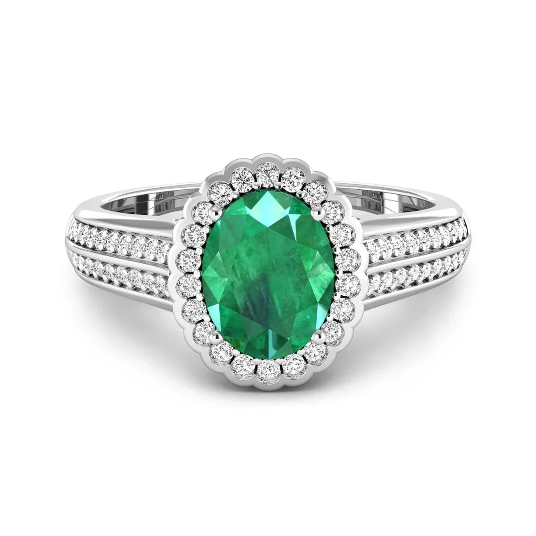 1.95 Ct Oval Green Zambian Emerald and White Diamond Prong 14k Gold Halo Pave Bridge Ring