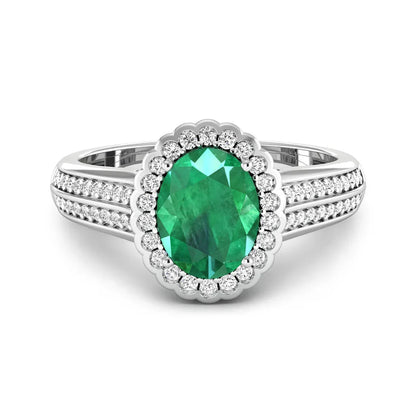 1.95 Ct Oval Green Zambian Emerald and White Diamond Prong 14k Gold Halo Pave Bridge Ring