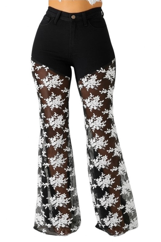 GJG Denim Floral Lace Bell Bottom Jean