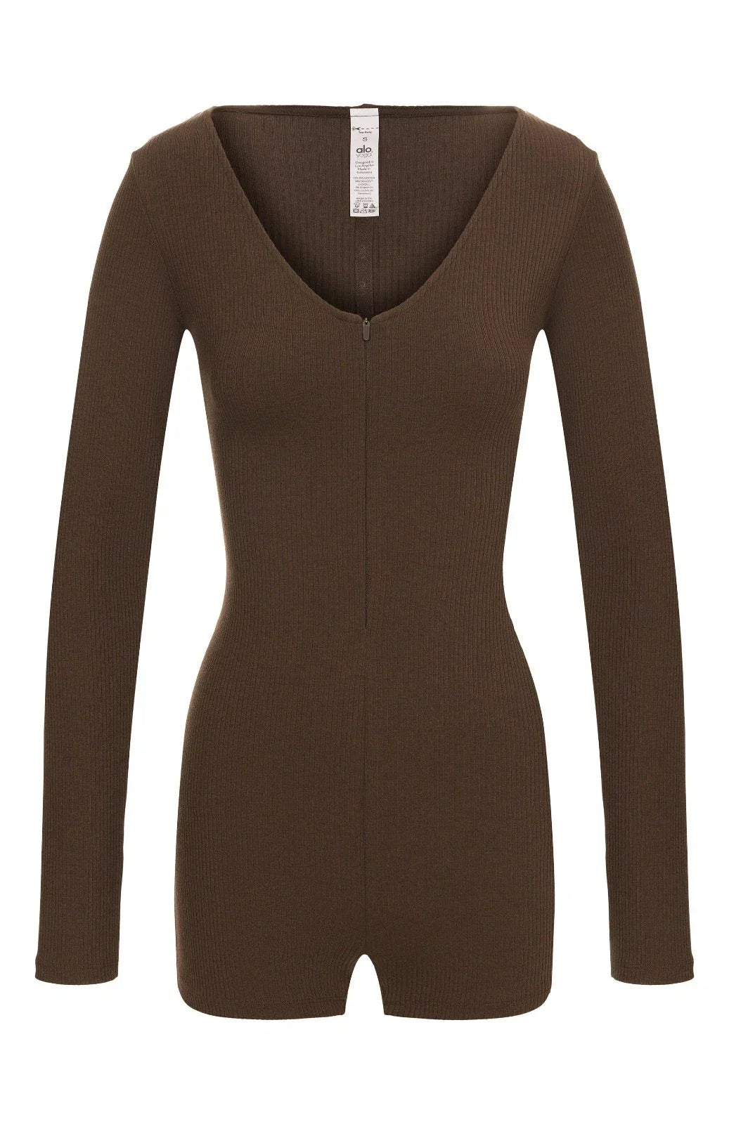 Alo Yoga Women's Romper Rib 1 2 Zip Long Sleeve One Piece — Brown/Heather