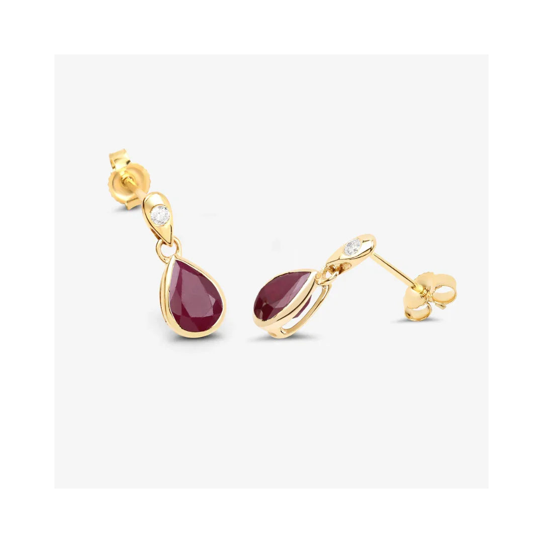 1.60 Ct Pear Pink Ruby & Diamond Bezel 10K Gold Dangle Earrings