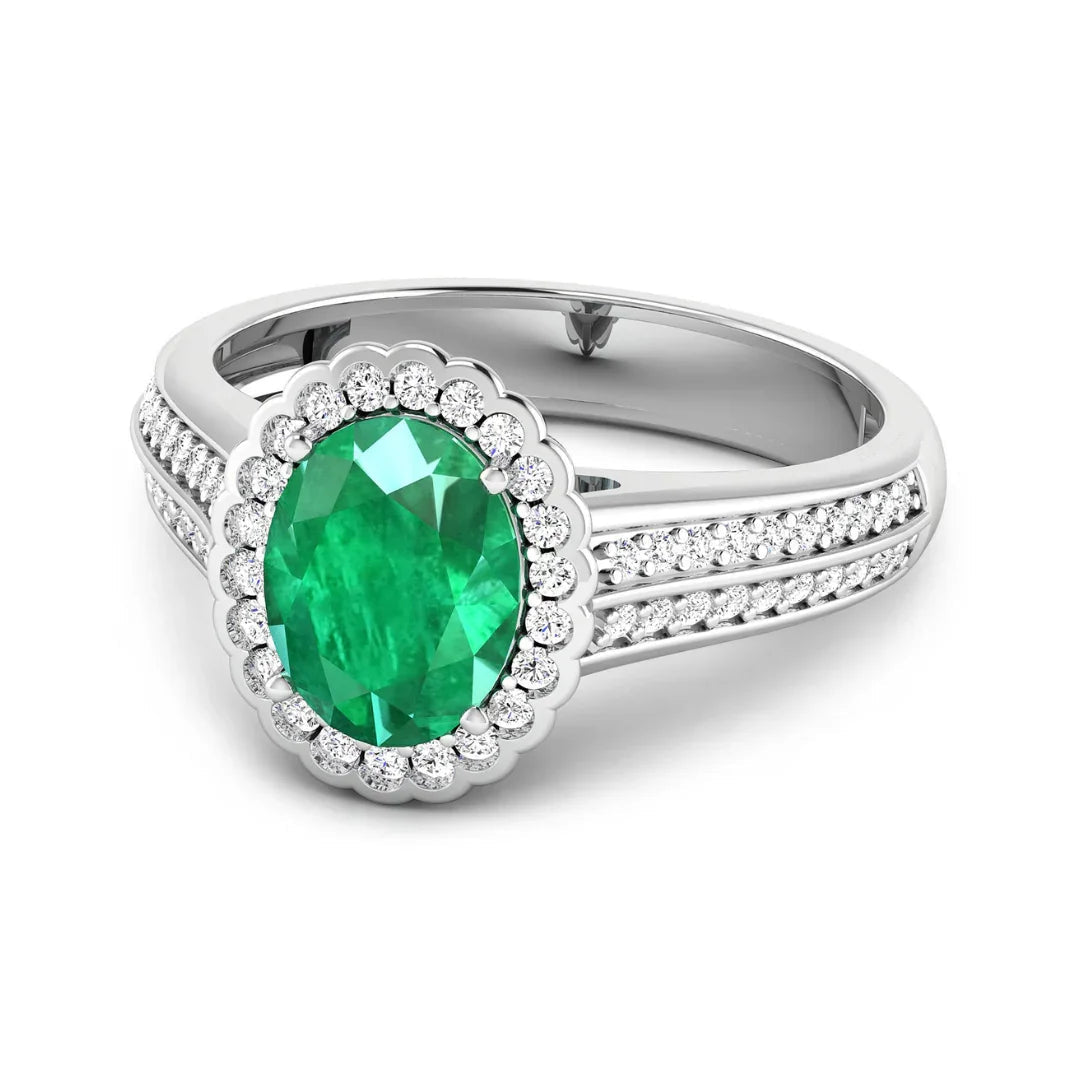 1.95 Ct Oval Green Zambian Emerald and White Diamond Prong 14k Gold Halo Pave Bridge Ring