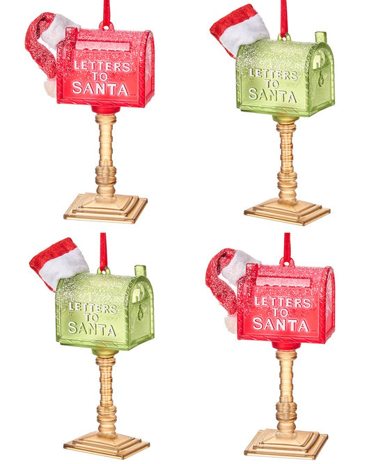 Kurt Adler 4Pc Mailboxes with Santa Hat Christmas Ornaments