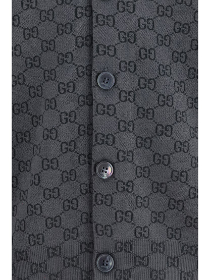 Cardigan GG Print Silk-Wool New Grey/Rock