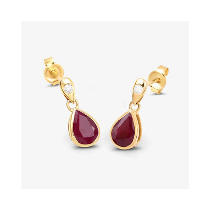 1.60 Ct Pear Pink Ruby & Diamond Bezel 10K Gold Dangle Earrings