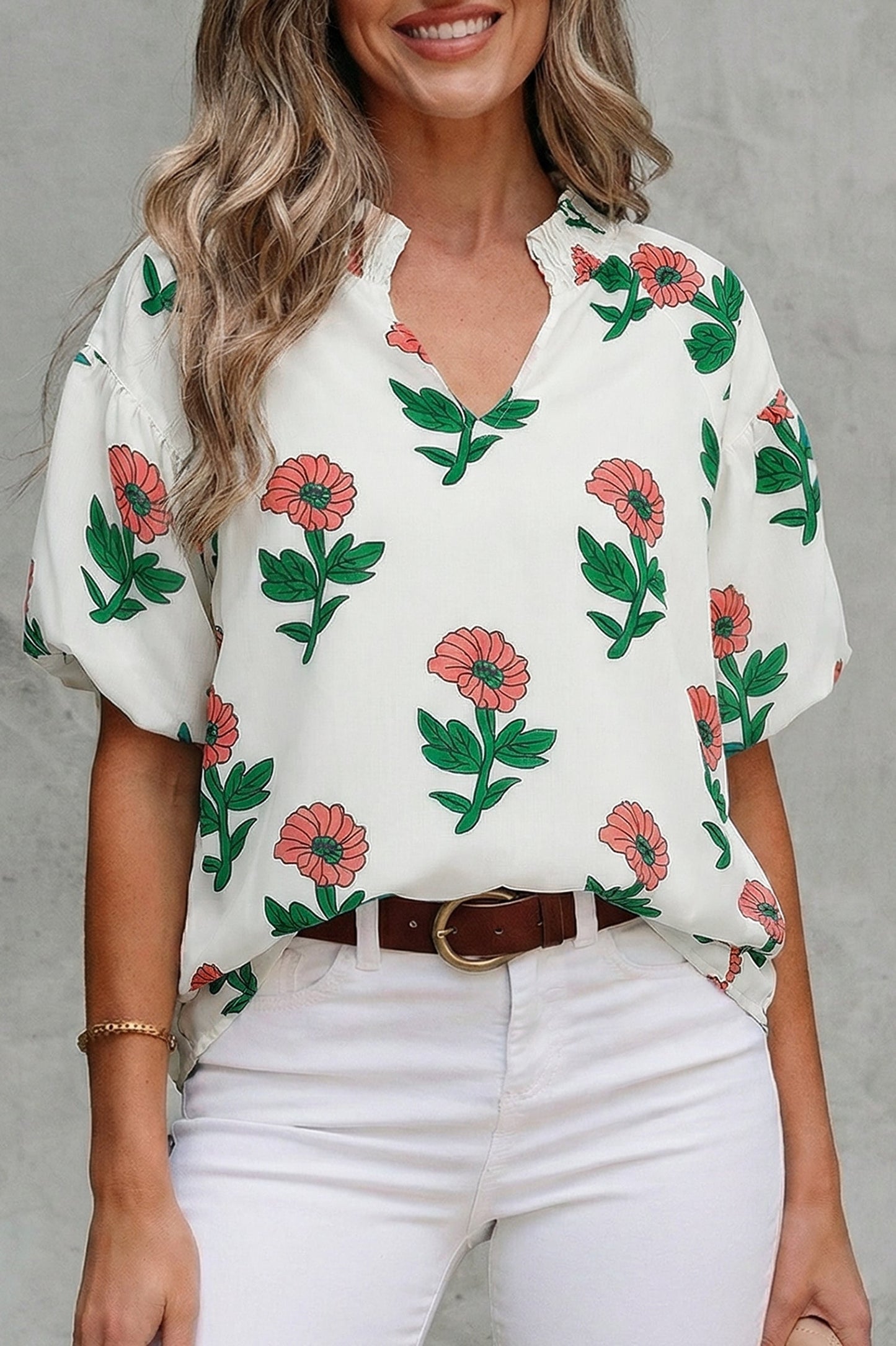 Threaded Pear Briar Shirred Short Sleeve Blouse