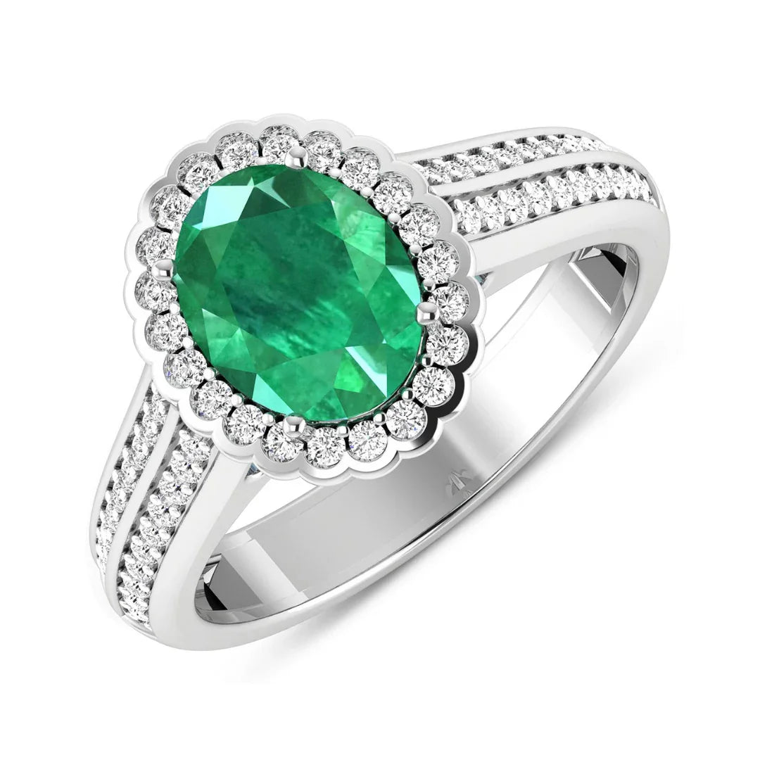 1.95 Ct Oval Green Zambian Emerald and White Diamond Prong 14k Gold Halo Pave Bridge Ring
