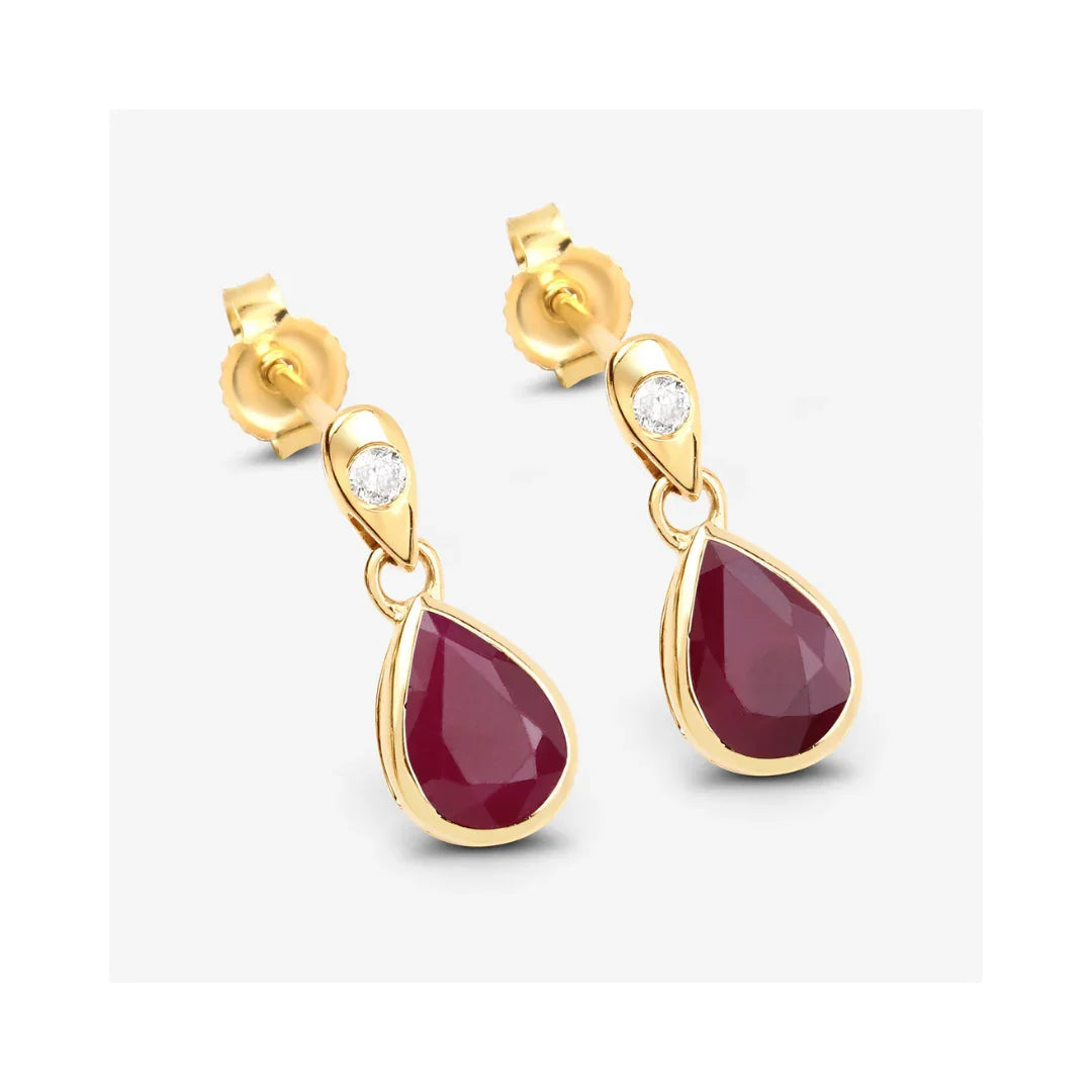 1.60 Ct Pear Pink Ruby & Diamond Bezel 10K Gold Dangle Earrings