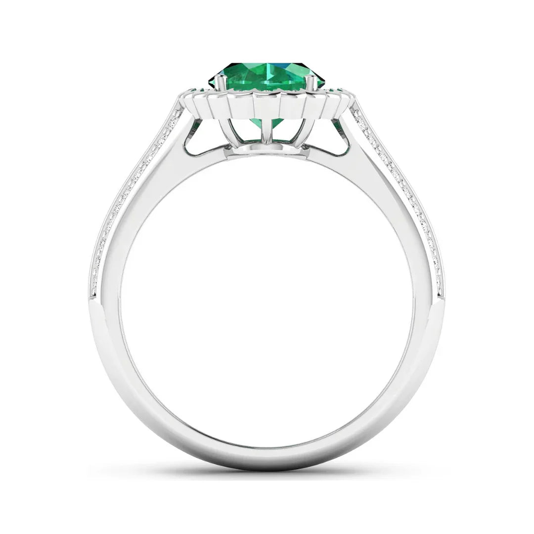 1.95 Ct Oval Green Zambian Emerald and White Diamond Prong 14k Gold Halo Pave Bridge Ring