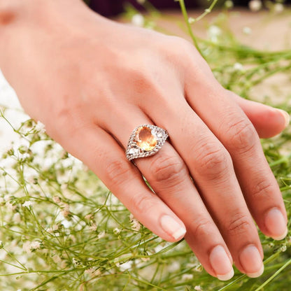 3.68 Ct Oval Yellow Citrine and White Topaz Prong Silver Statement Ring