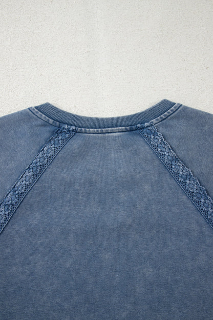 Red Dahlia Lace Patchwork Detail Notched Neck Mineral Wash Baggy Sweatshirt