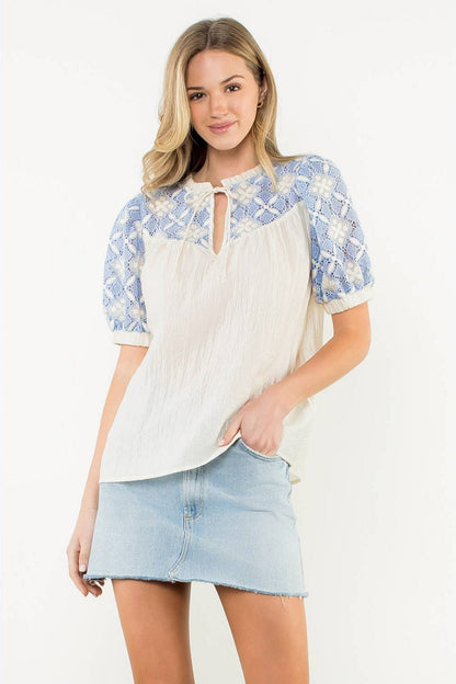 Krysa - Embroidered Yoke Puff Sleeve Crinkle Top