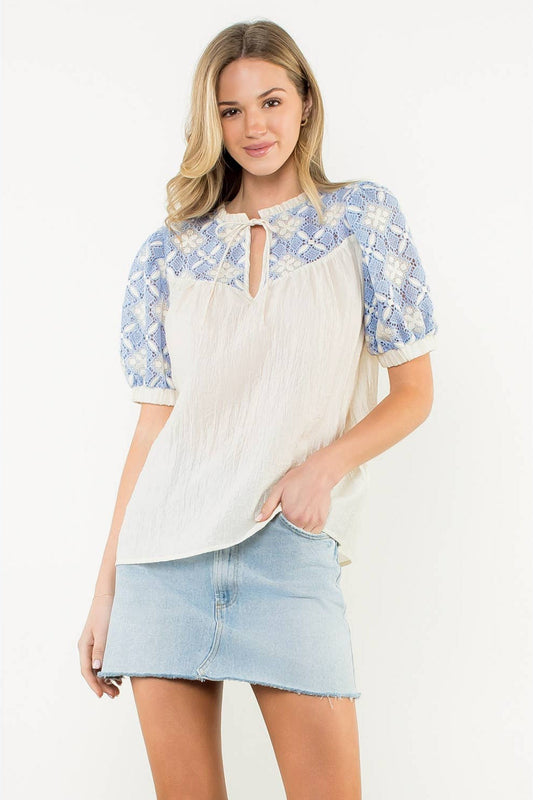 Krysa - Embroidered Yoke Puff Sleeve Crinkle Top