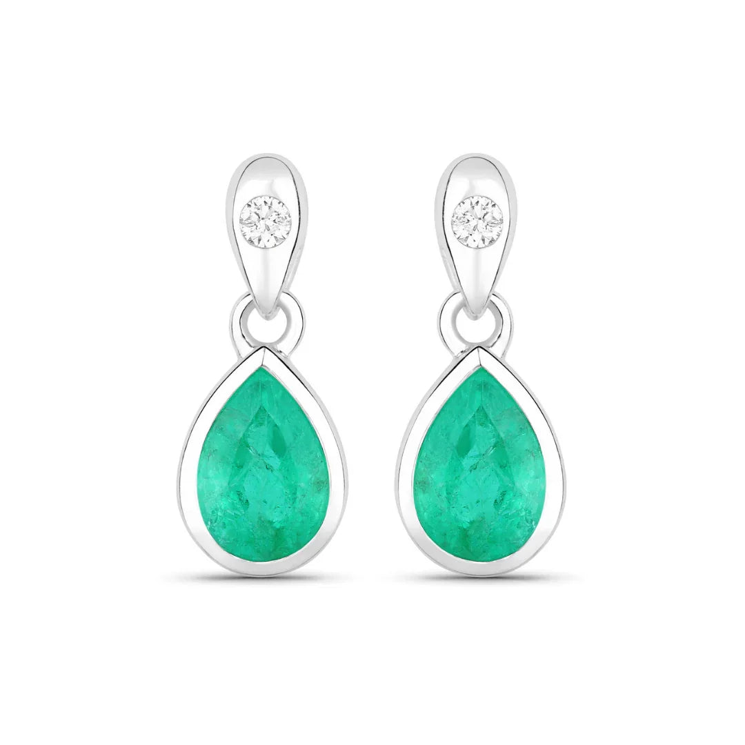 1.30 Ct Pear Green Zambian Emerald & Diamond Bezel 10K Gold Dangle Earrings